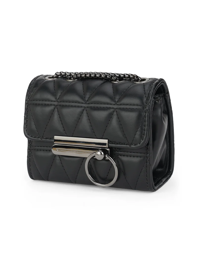 globus Globus Women Black Puffed Quilted Small Rectangular Party Sling Bag With Gunmetal Chain Strap